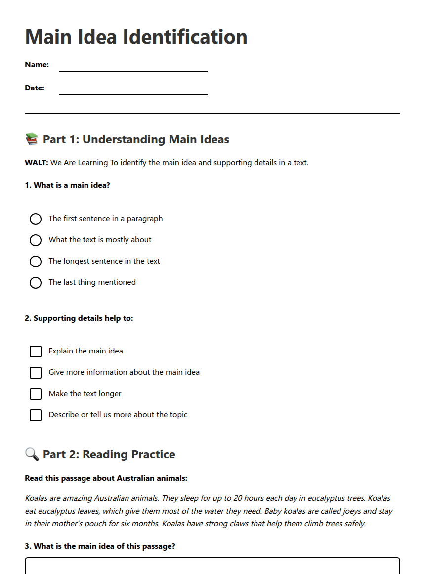 Main Idea Identification worksheet preview