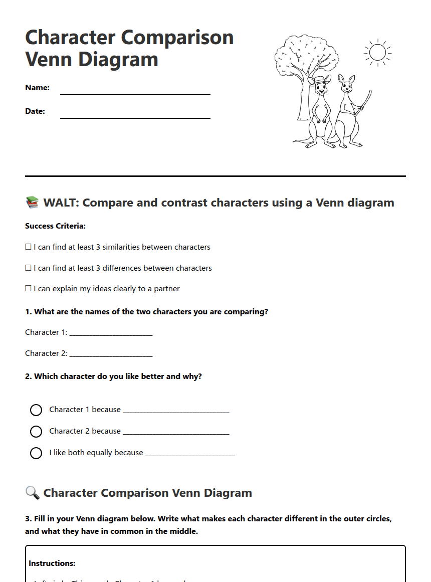 Character Comparison Venn Diagram worksheet preview