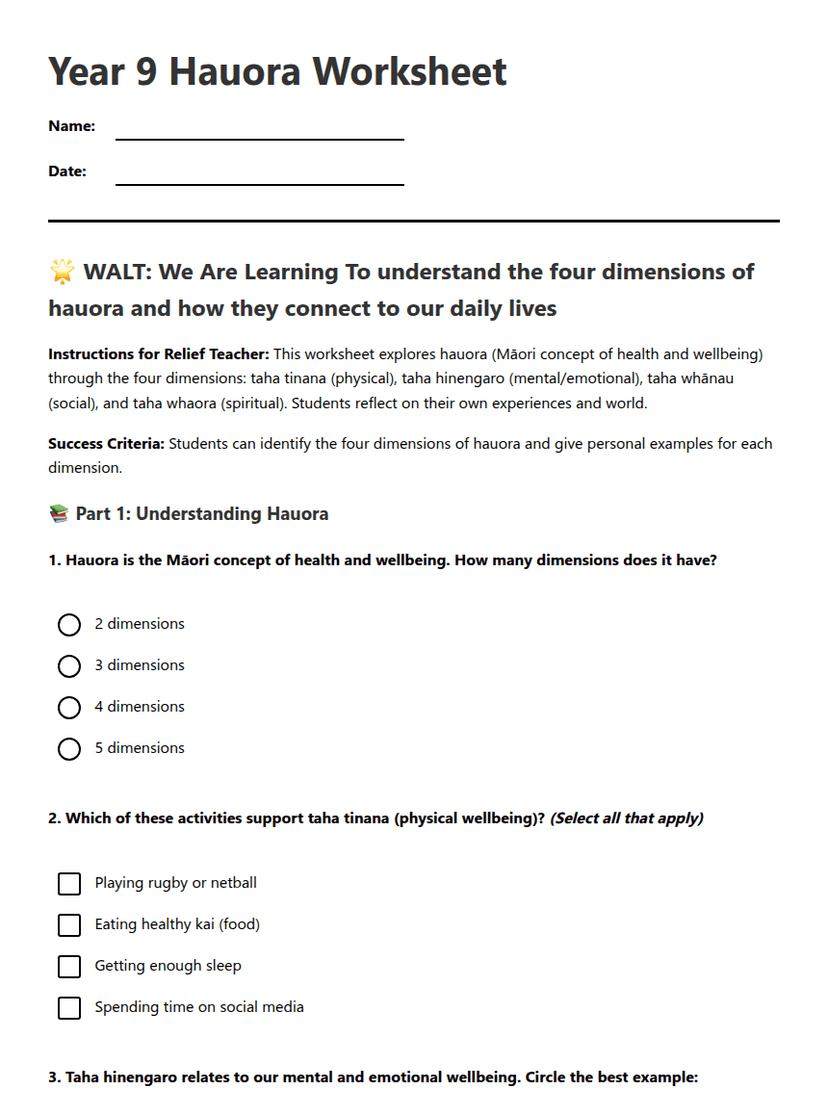 Year 9 Hauora Worksheet
