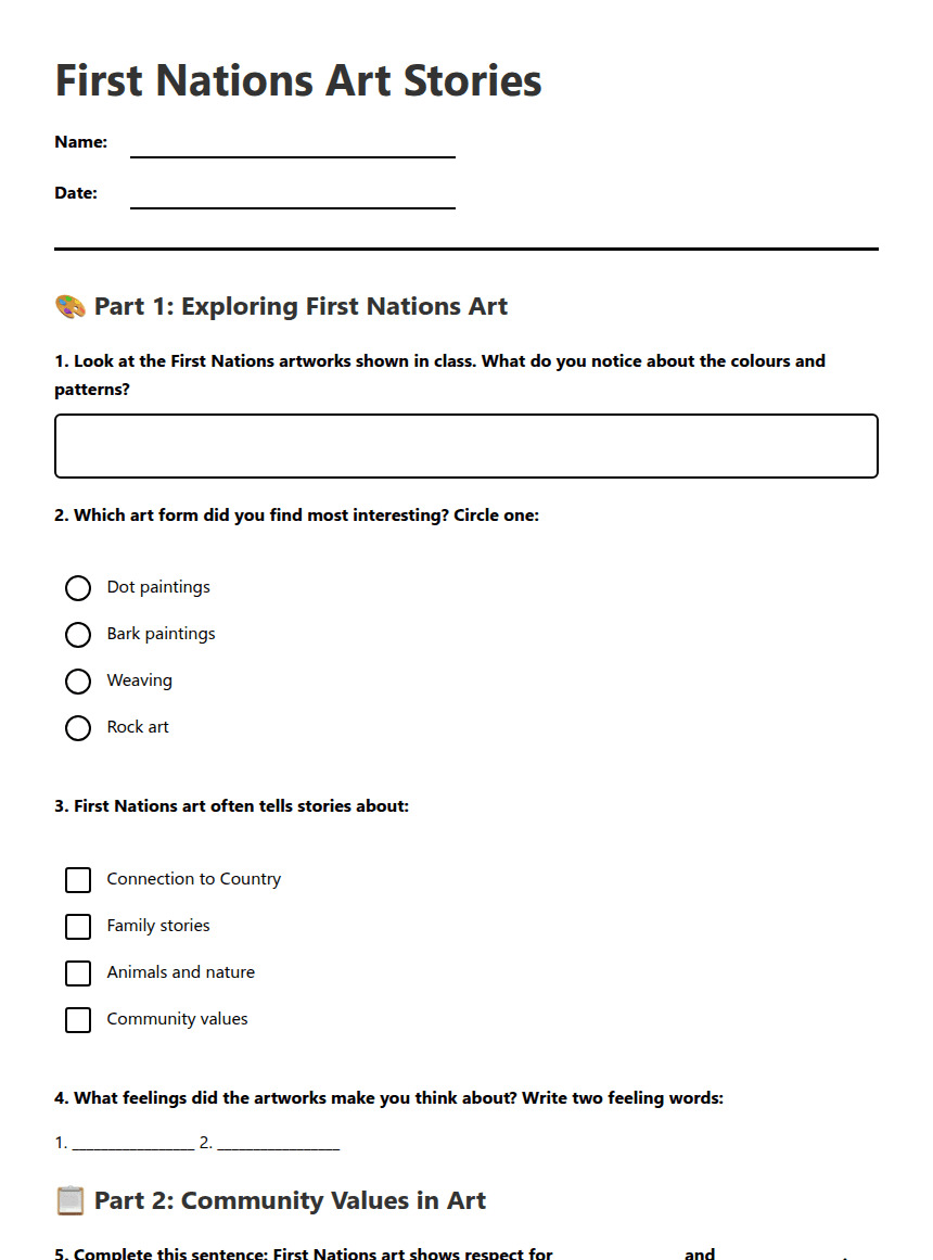 First Nations Art Stories worksheet preview