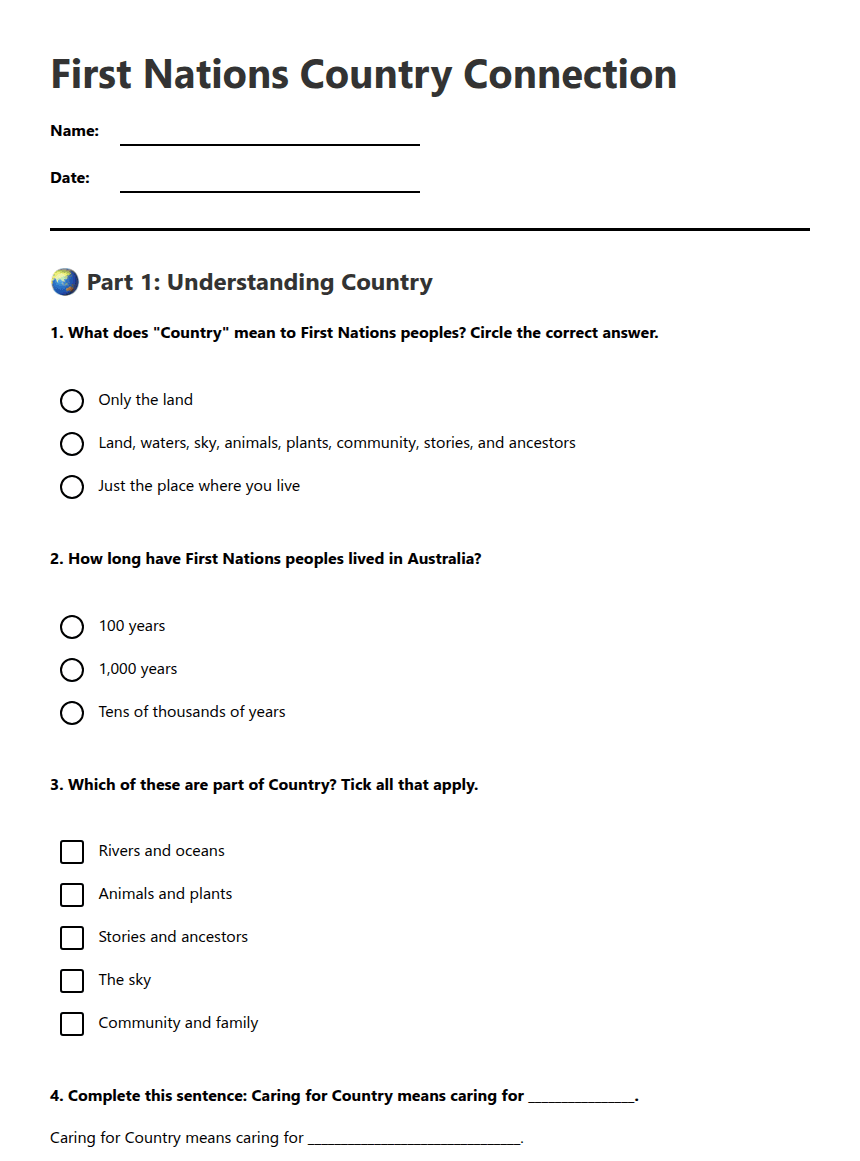 First Nations Country Connection worksheet preview