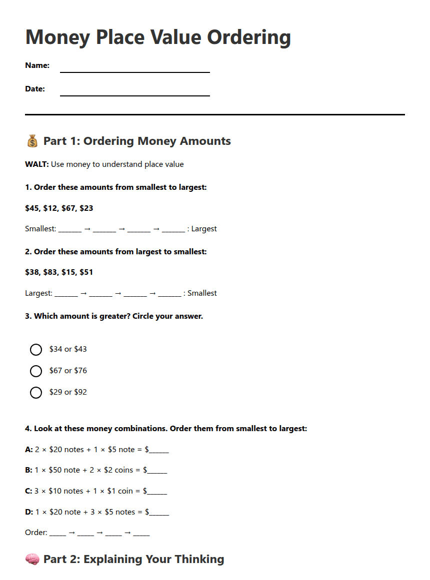 Money Place Value Ordering worksheet preview