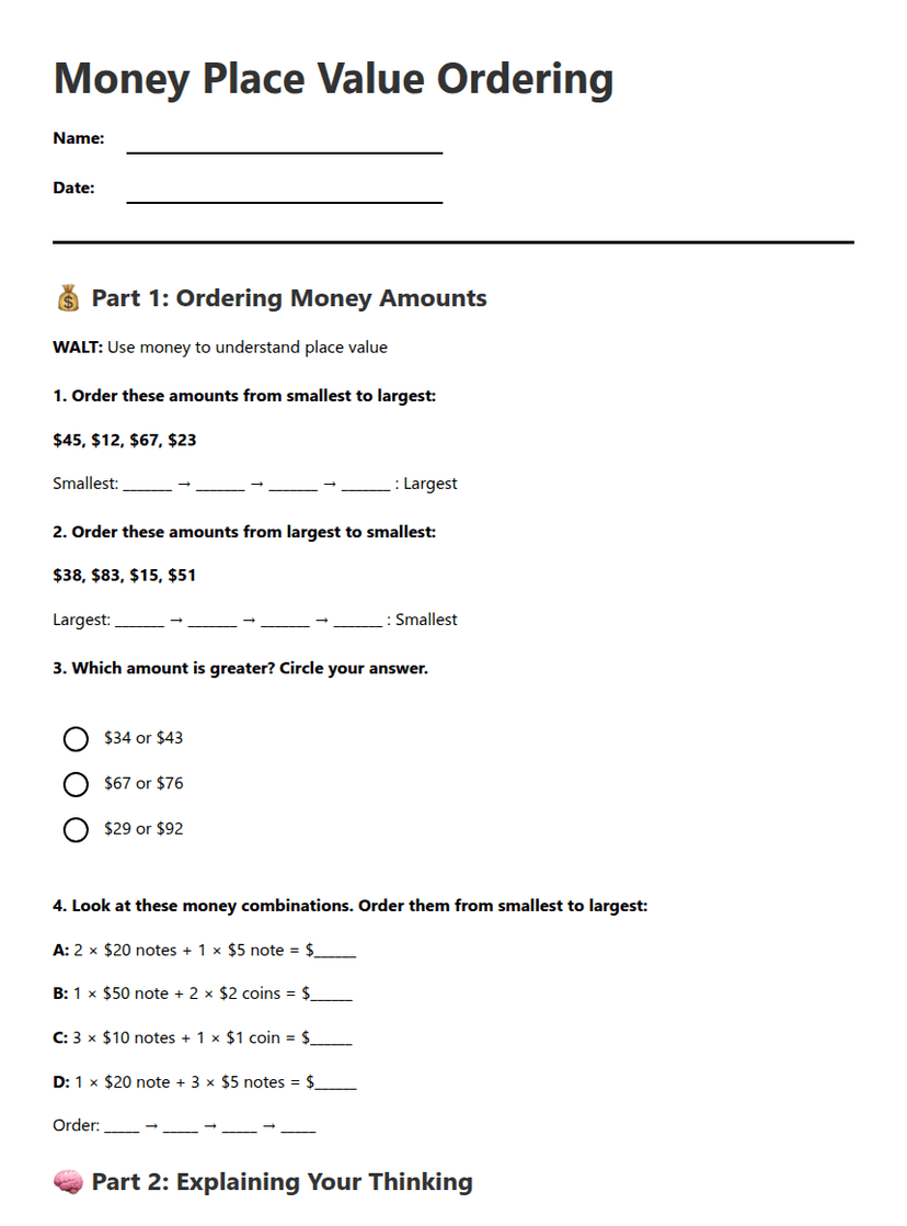 Money Place Value Ordering