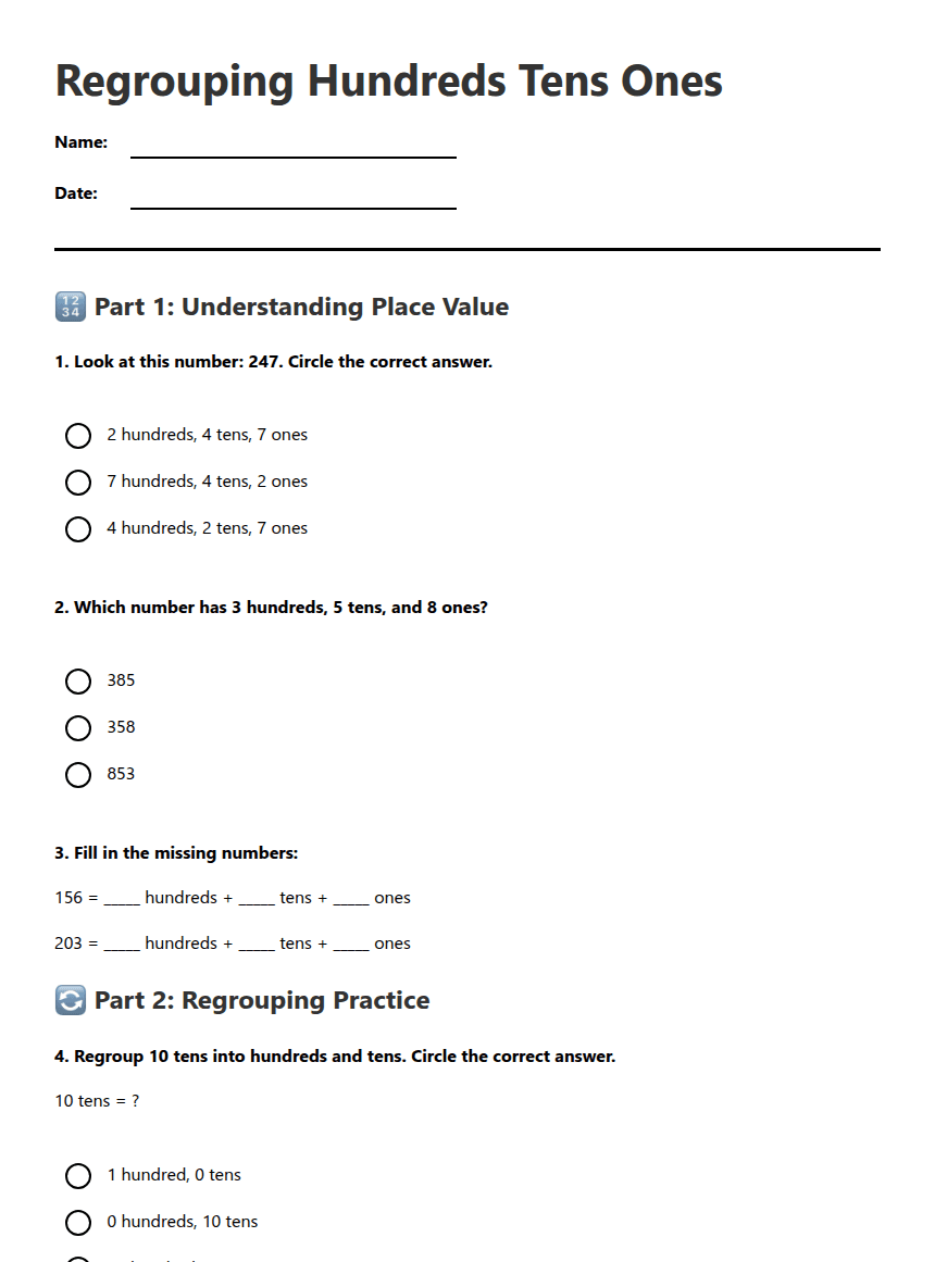 Regrouping Hundreds Tens Ones worksheet preview