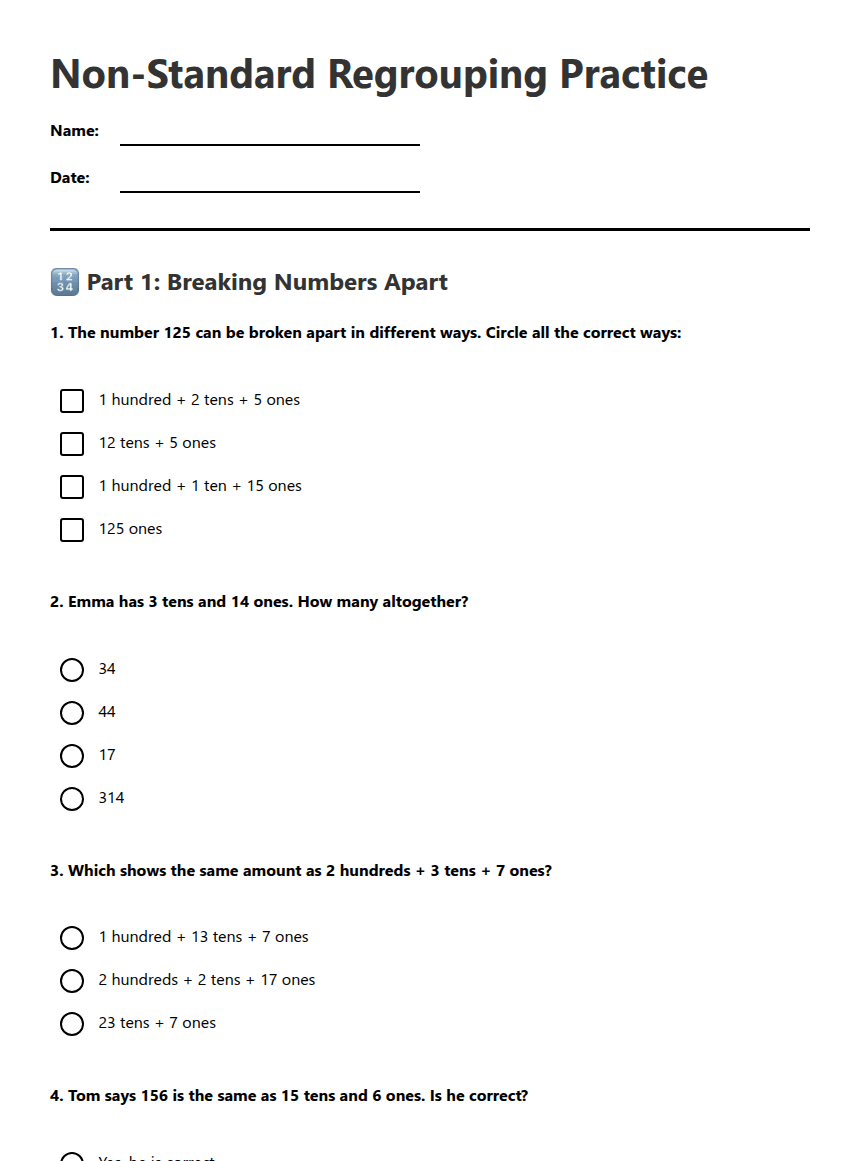 Non-Standard Regrouping Practice worksheet preview