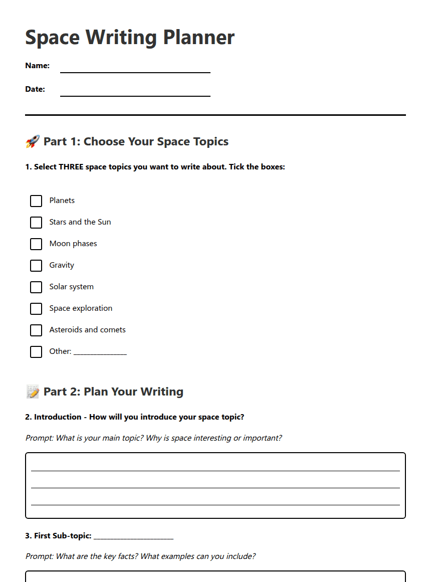 Space Writing Planner worksheet preview