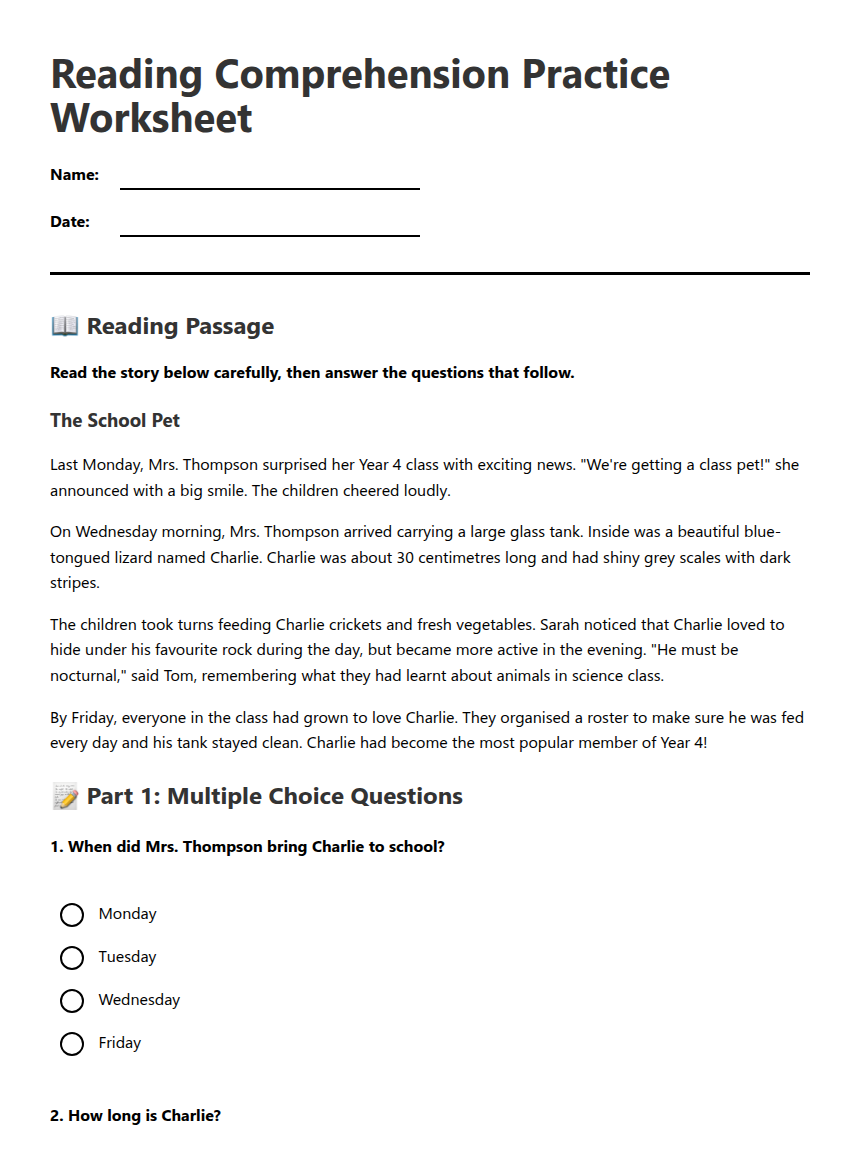 Reading Comprehension Practice Worksheet
