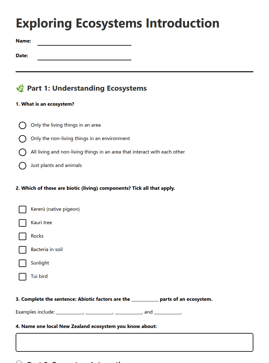 Exploring Ecosystems Introduction worksheet preview