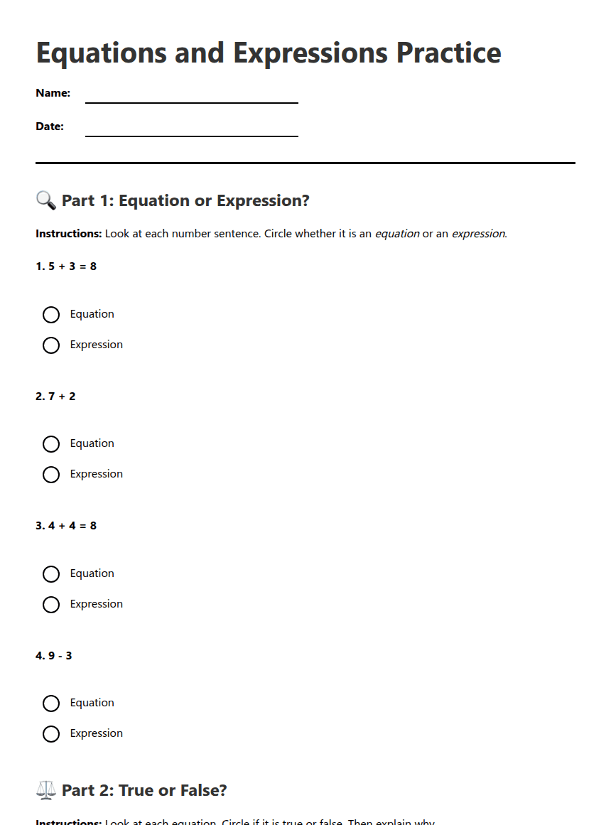 Equations and Expressions Practice worksheet preview