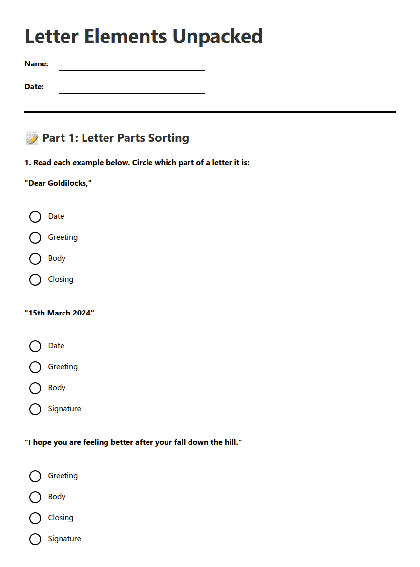 Letter Elements Unpacked worksheet preview