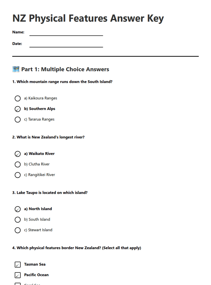 NZ Physical Features Answer Key