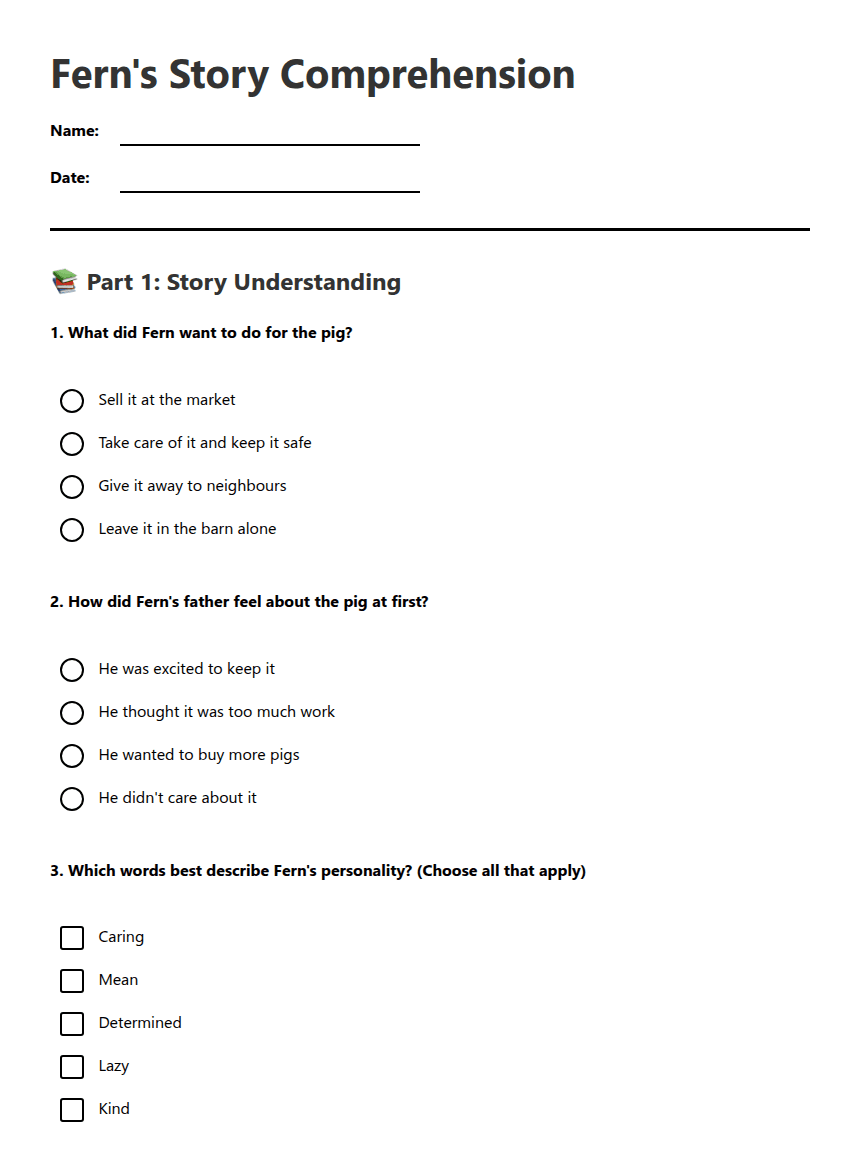 Fern's Story Comprehension worksheet preview