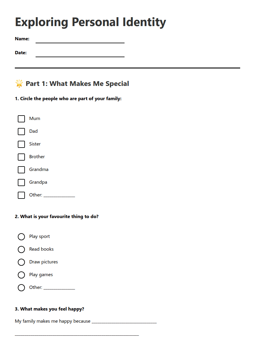 Exploring Personal Identity worksheet preview