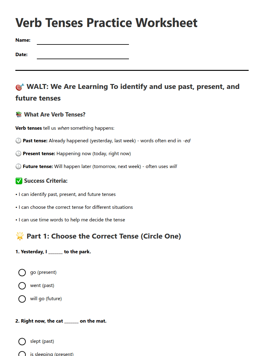 Verb Tenses Practice Worksheet worksheet preview