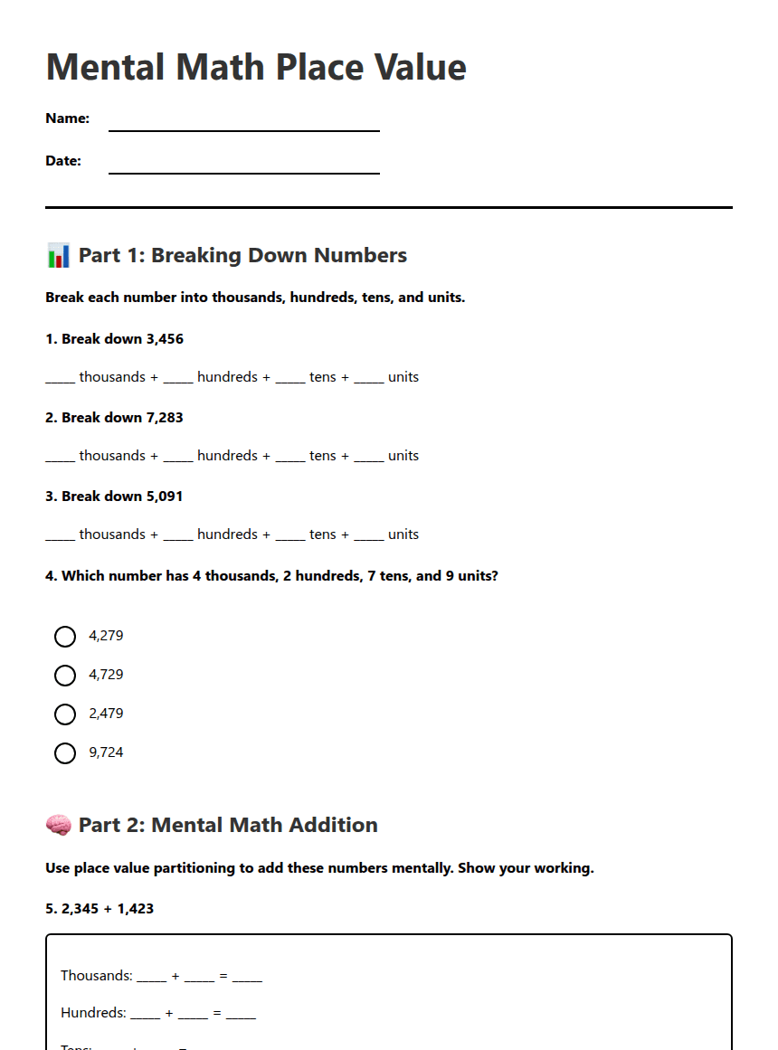 Mental Math Place Value worksheet preview