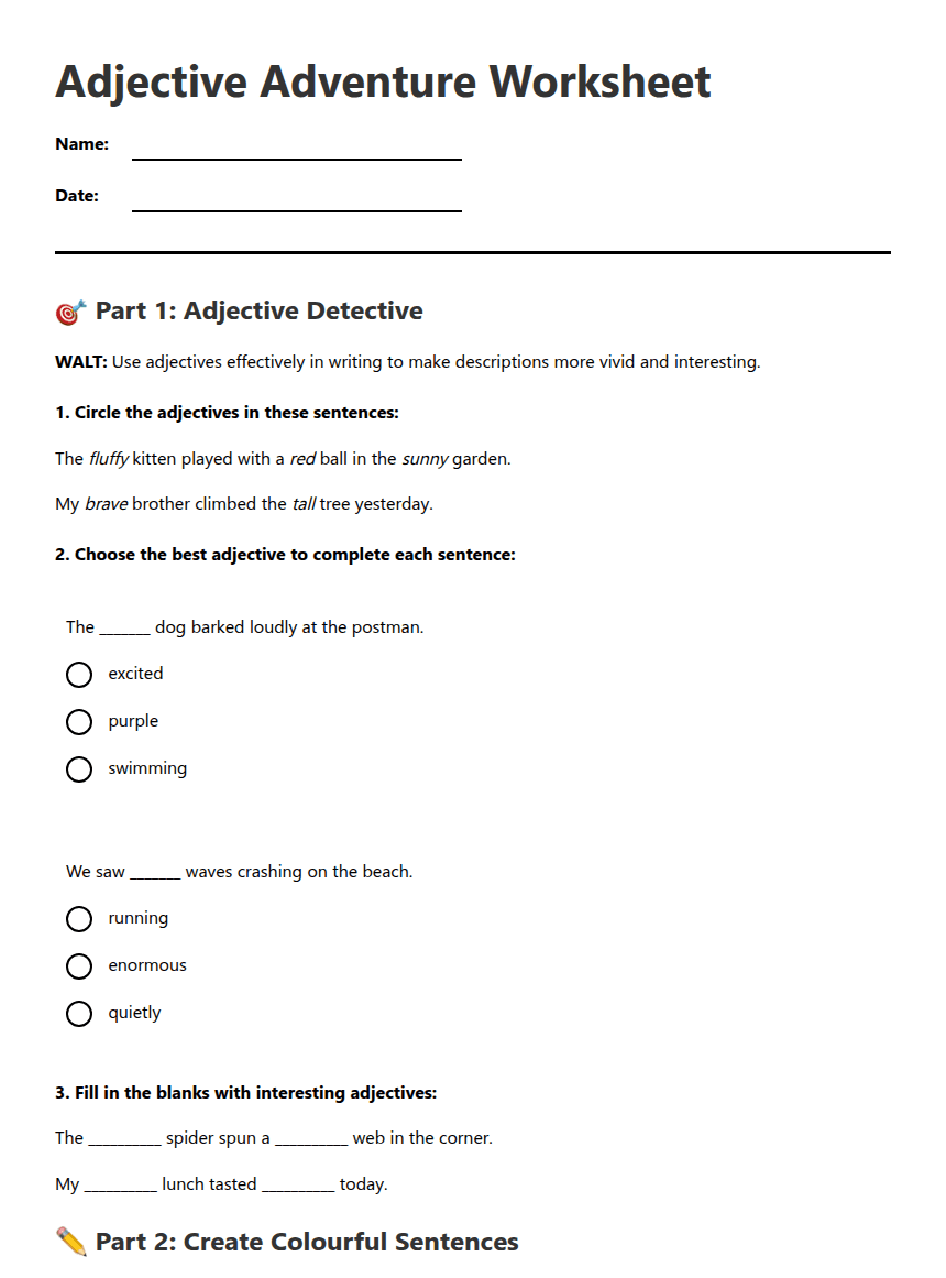 Adjective Adventure Worksheet worksheet preview