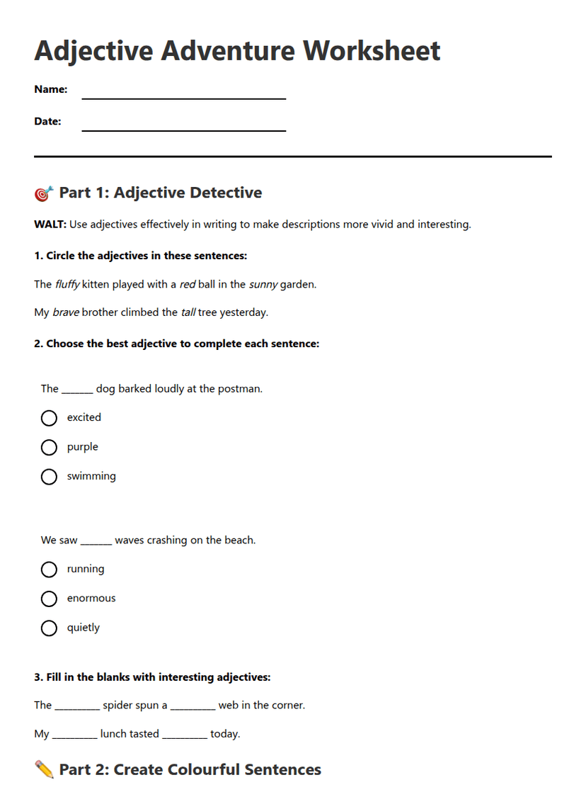 Adjective Adventure Worksheet