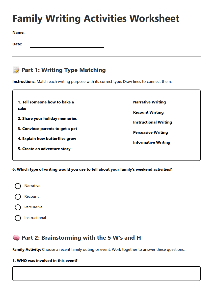 Family Writing Activities Worksheet worksheet preview