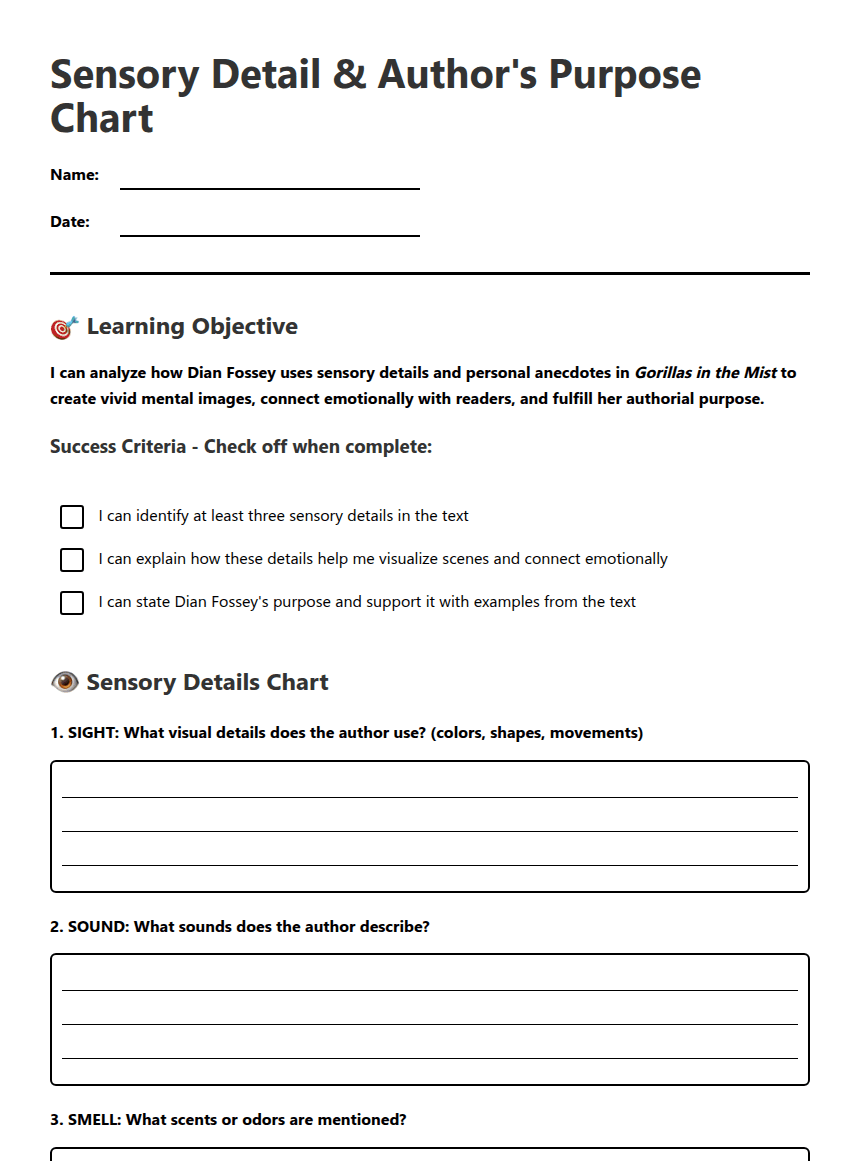 Sensory Detail & Purpose Chart worksheet preview