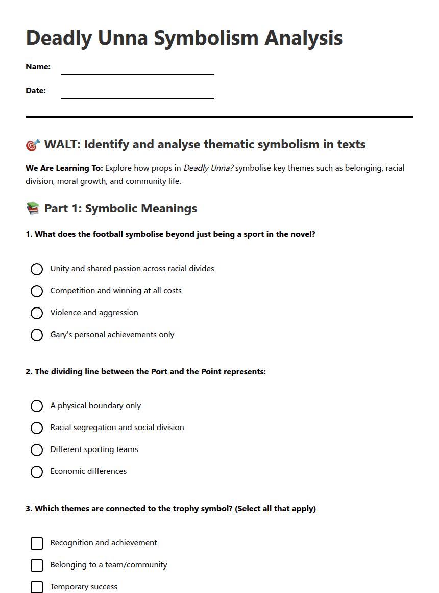 Deadly Unna Symbolism Analysis worksheet preview