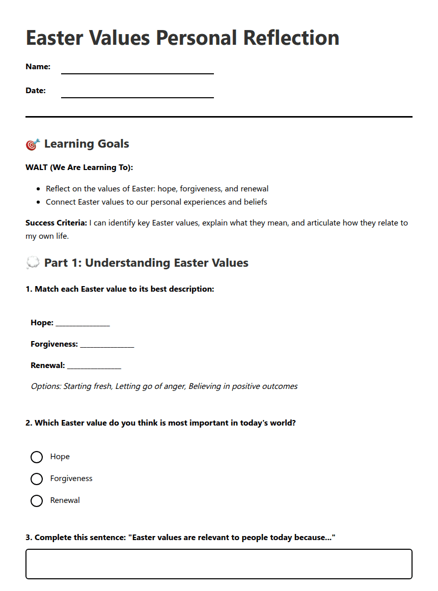 Easter Values Personal Reflection worksheet preview