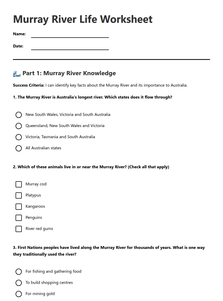 Murray River Life Worksheet worksheet preview