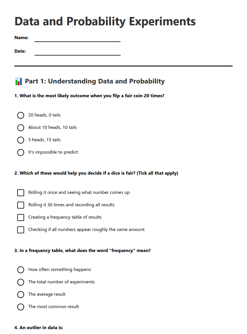 Data and Probability Experiments worksheet preview