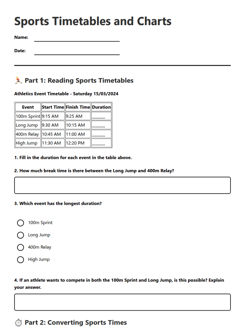 Sports Timetables and Charts