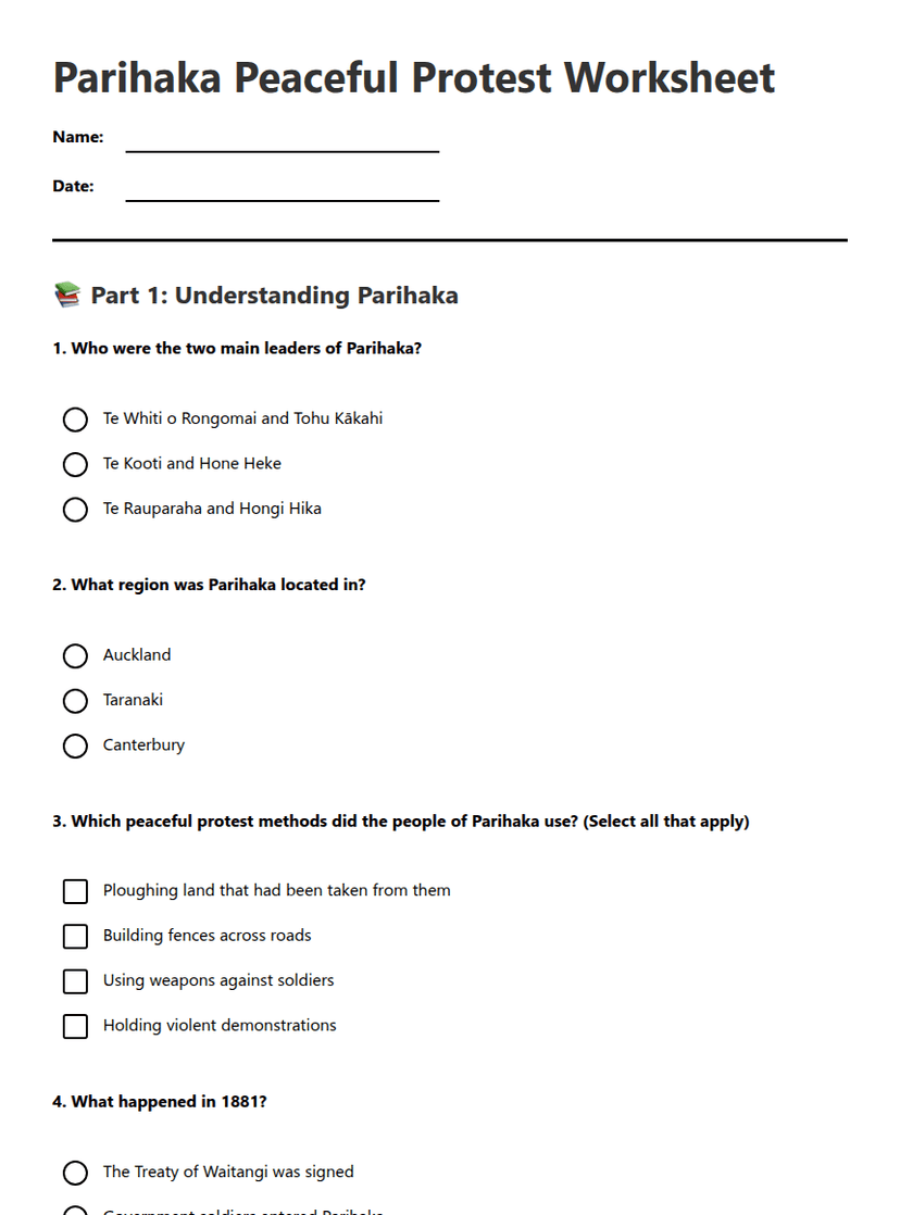 Parihaka Peaceful Protest Worksheet