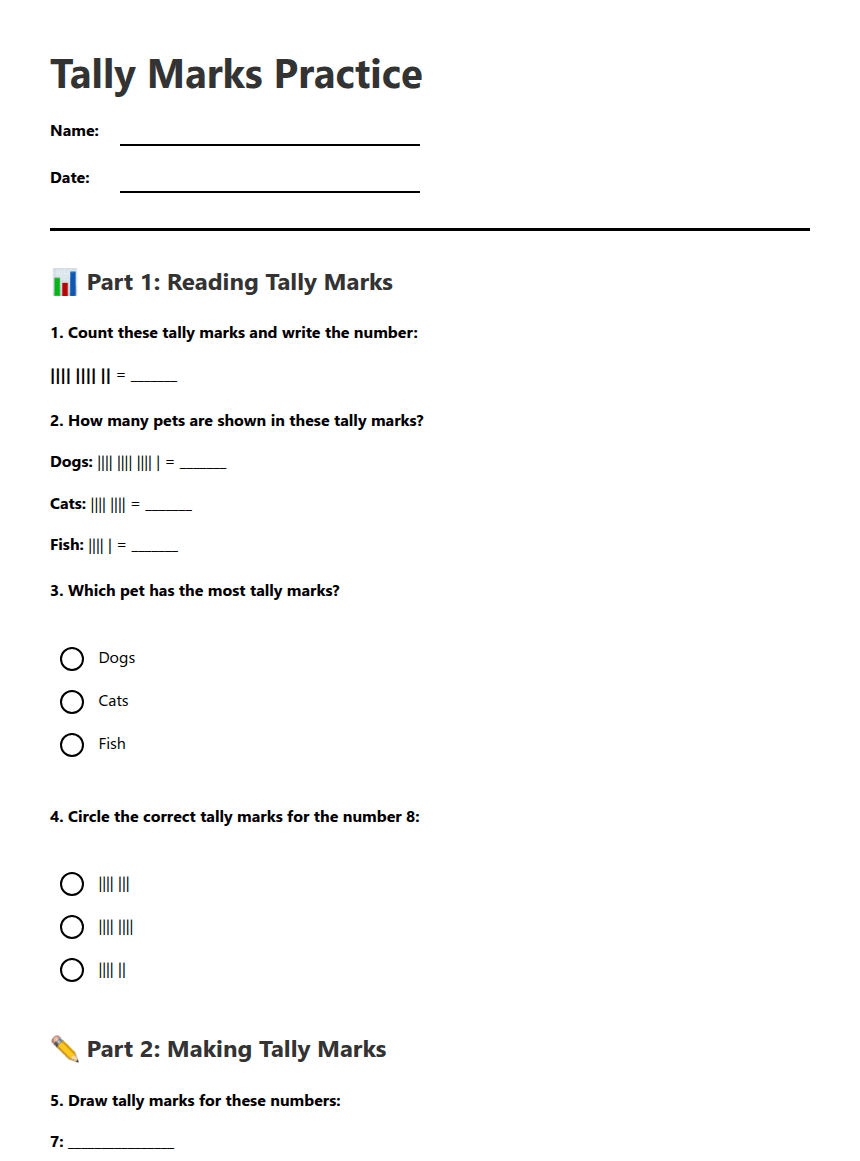 Tally Marks Practice worksheet preview