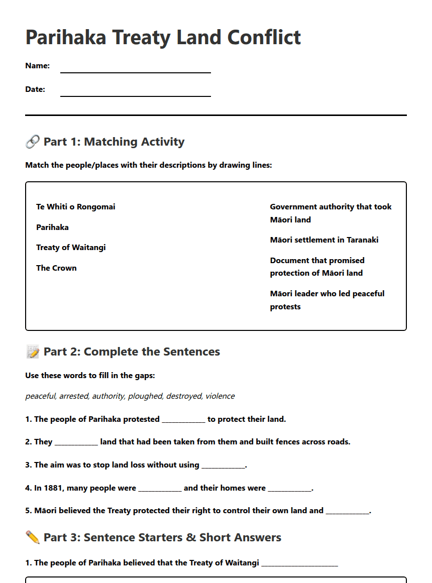 Parihaka Treaty Land Conflict worksheet preview