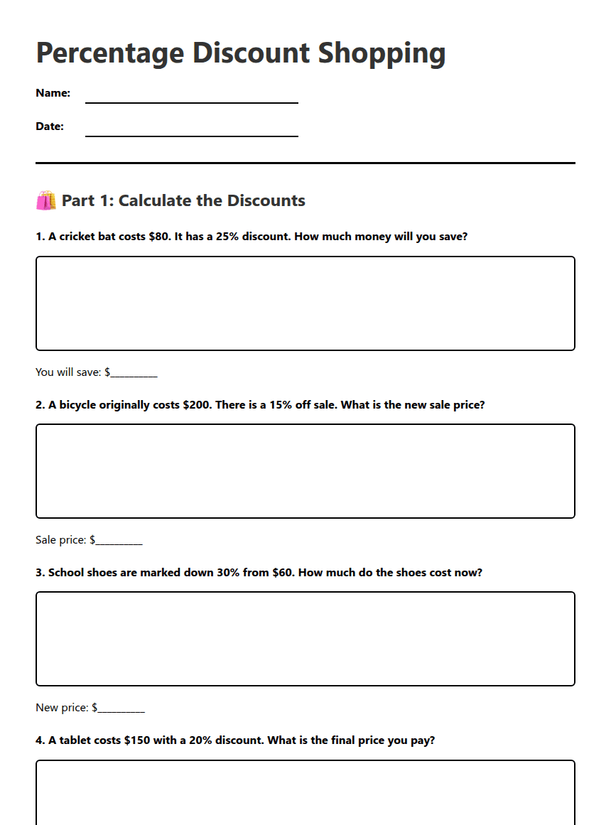 Percentage Discount Shopping worksheet preview