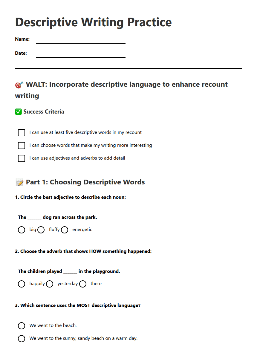 Descriptive Writing Practice worksheet preview