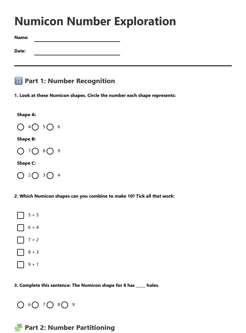 Numicon Number Exploration worksheet preview
