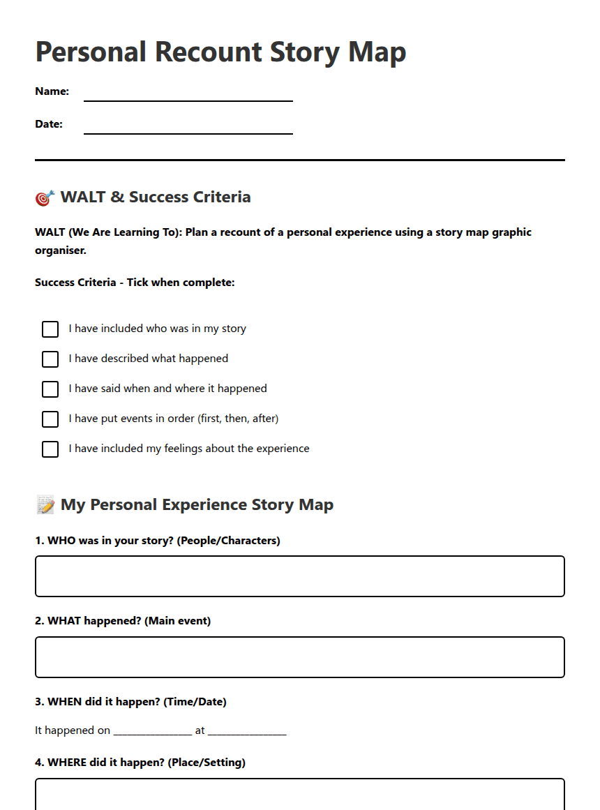 Personal Recount Story Map worksheet preview