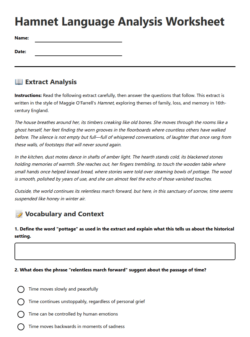 Hamnet Language Analysis Worksheet worksheet preview