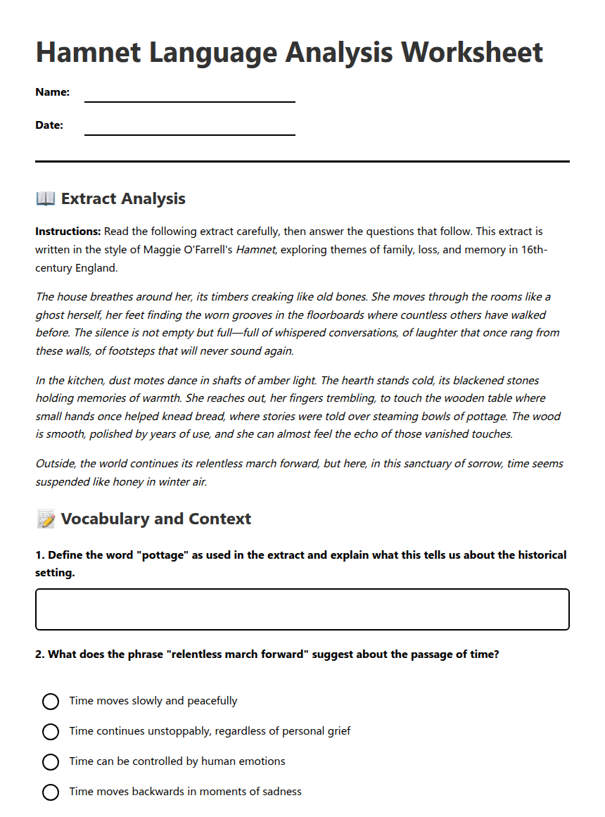 Hamnet Language Analysis Worksheet