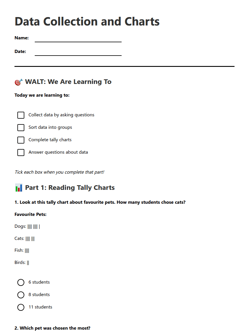 Data Collection and Charts worksheet preview
