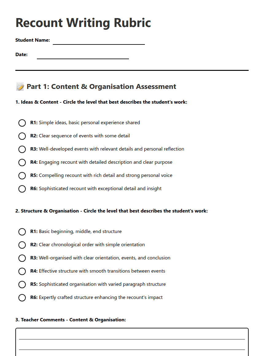 Recount Writing Rubric worksheet preview