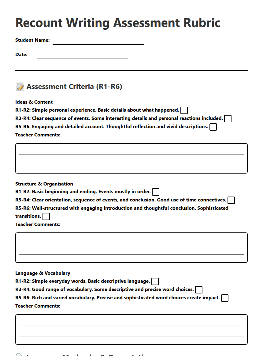 Recount Writing Assessment Rubric worksheet preview