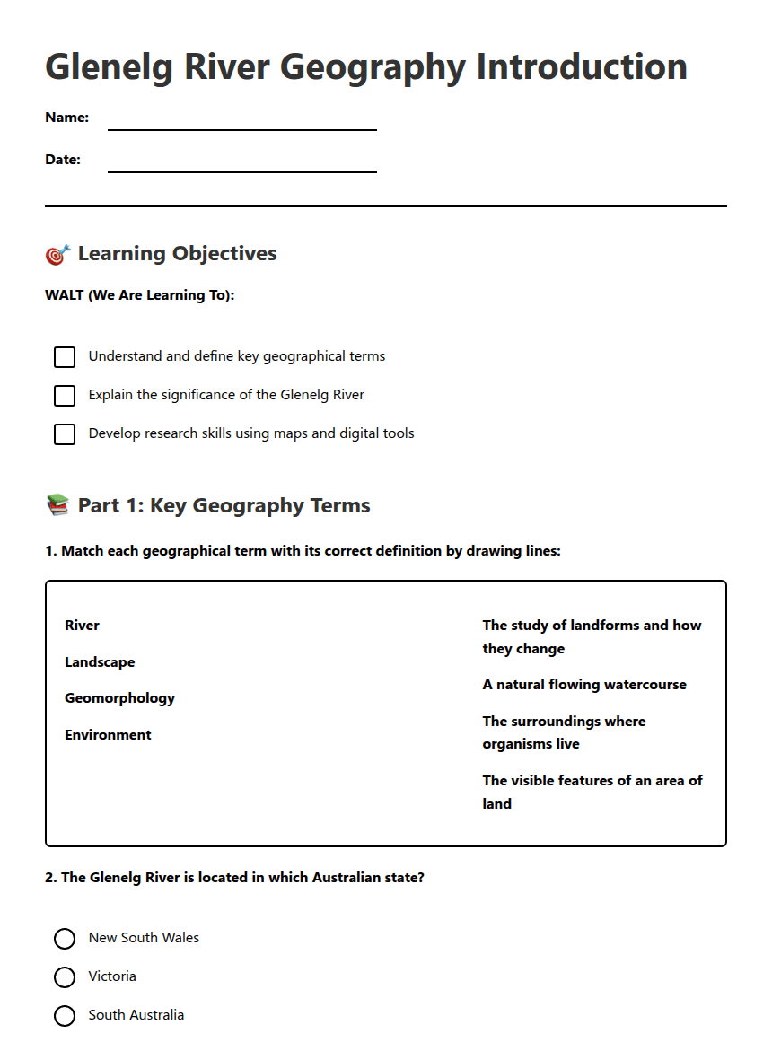 Glenelg River Geography Introduction worksheet preview