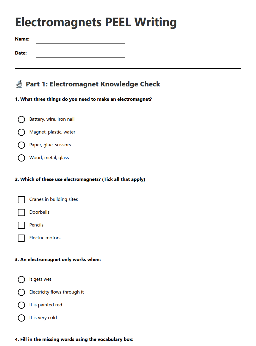 Electromagnets PEEL Writing worksheet preview