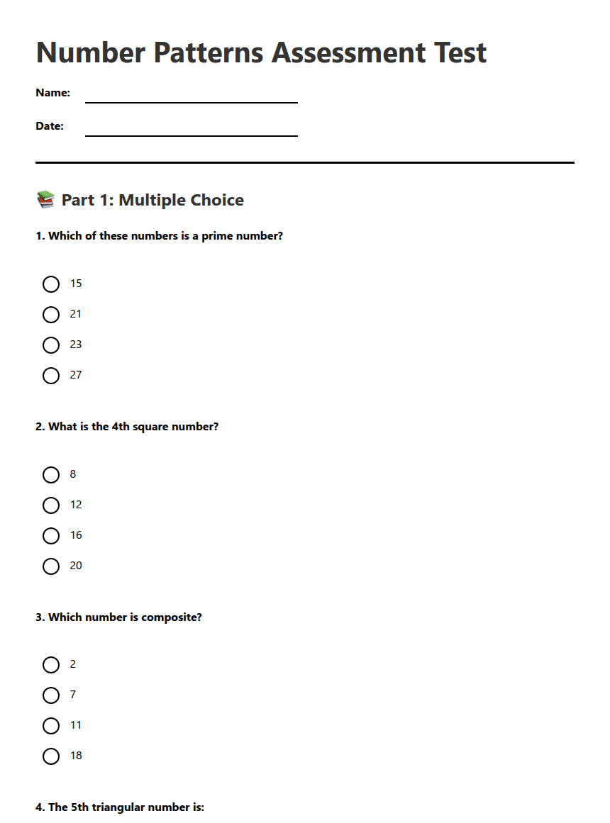 Number Patterns Assessment Test worksheet preview