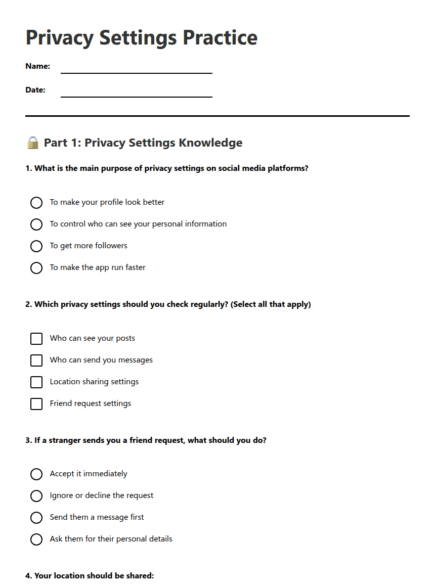 Privacy Settings Practice worksheet preview
