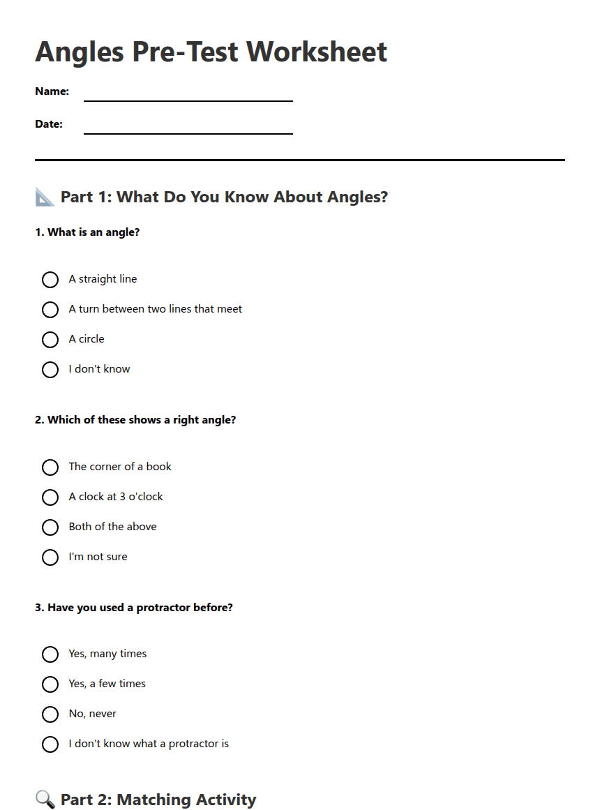 Angles Pre-Test Worksheet worksheet preview