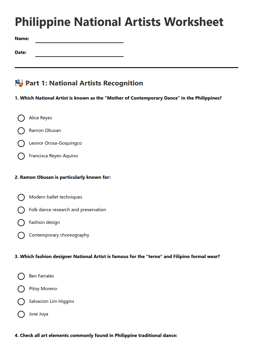Philippine National Artists Worksheet worksheet preview