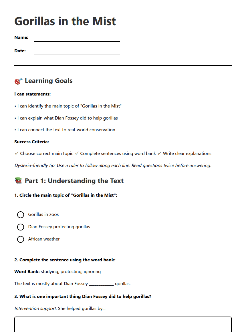 Gorillas in the Mist worksheet preview
