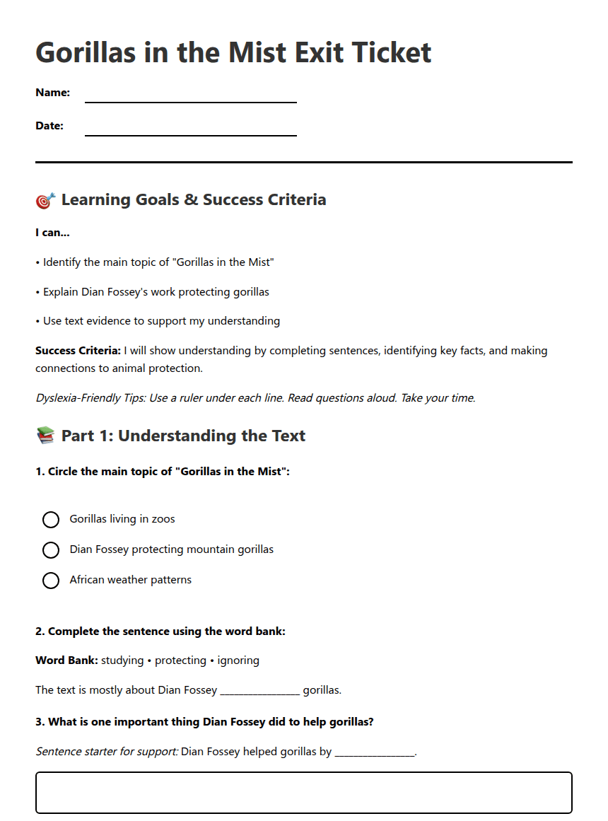 Gorillas in the Mist Exit Ticket worksheet preview