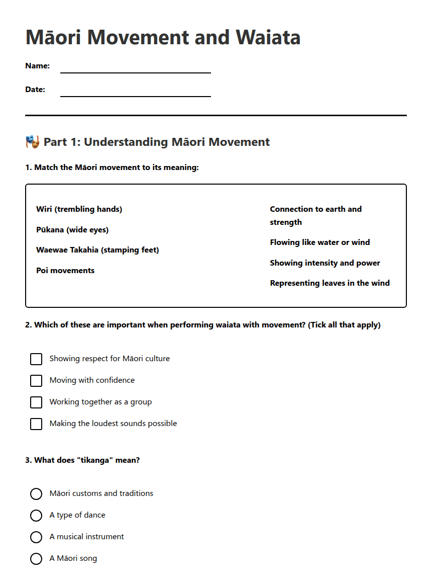 Māori Movement and Waiata worksheet preview