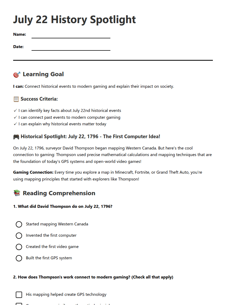 July 22 History Spotlight worksheet preview